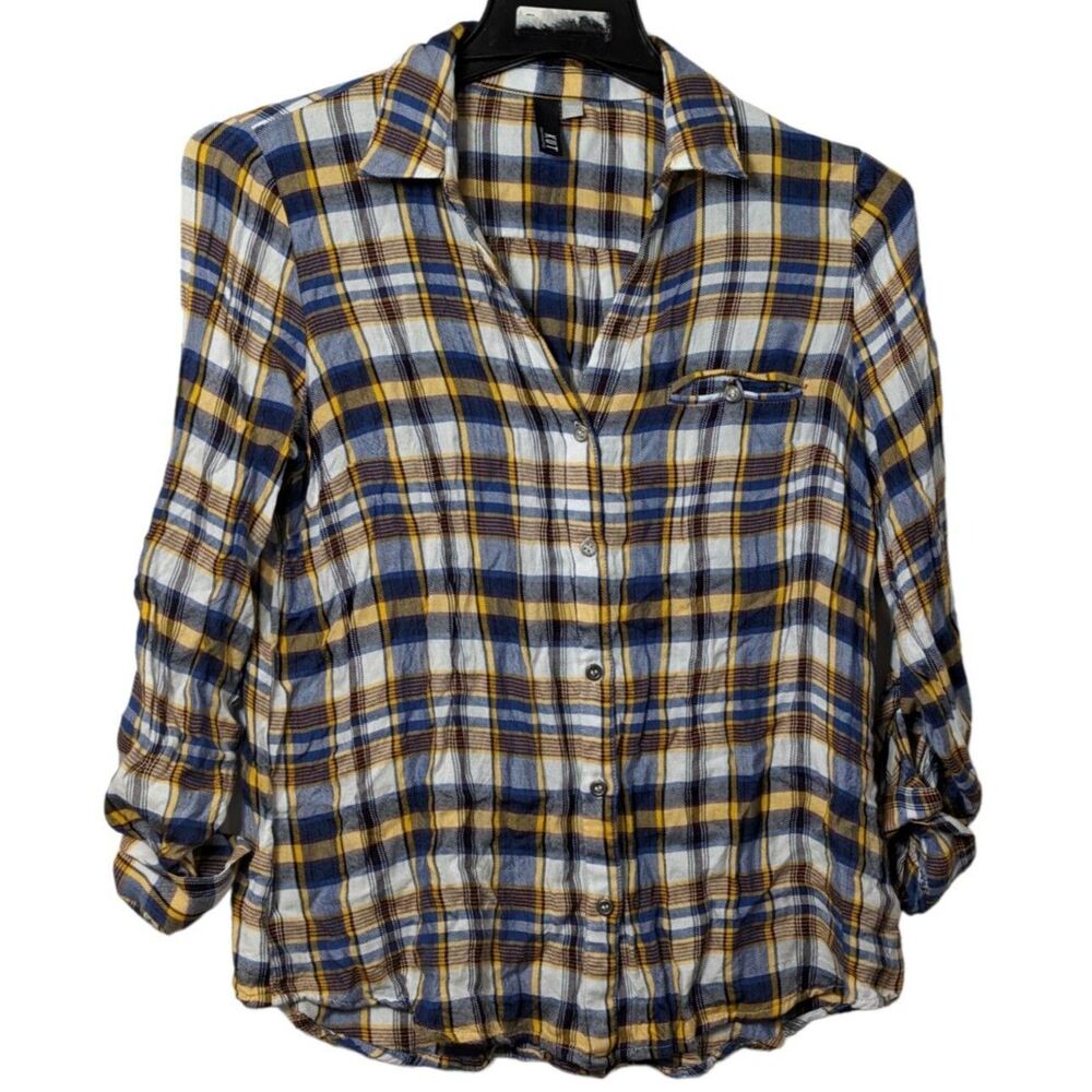 Kut From The Kloth Women's Shirt Size Medium Blue Plaid Button Up Long Sleeves